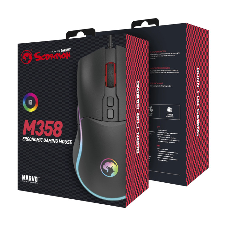 Геймърска мишка Marvo M358 RGB, 7200dpi, 7 програмируеми бутони - MARVO-M358