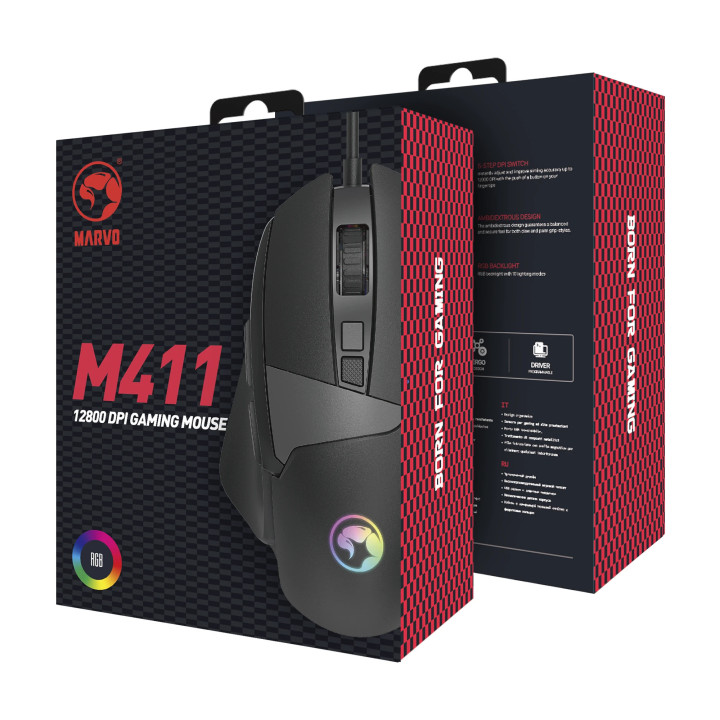 Геймърска мишка Marvo M411 RGB, 12800dpi, програмируема, 1000Hz - MARVO-M411