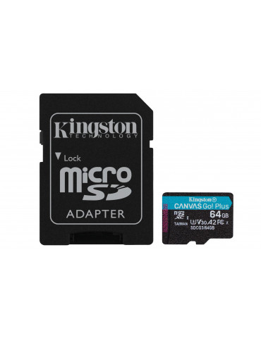 Карта памет Kingston 64GB Canvas Go! Plus, UHS-I, Class 10, U3, V30, A2, Адаптер - SDCG3/64GB