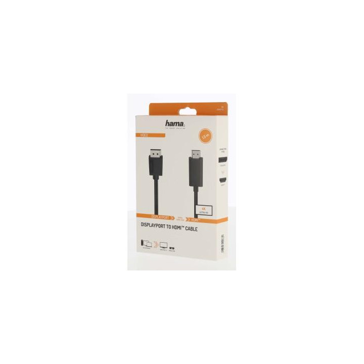 Кабел HAMA DisplayPort v.1.2 мъжко - HDMI мъжко,Ultra-HD, 4K, 1.5м
