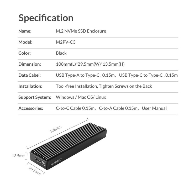 Външна кутия за диск Orico M.2 NVMe - M2PV-C3-BK-BP