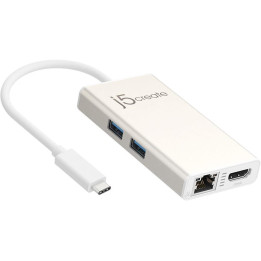 Хъб USB-C  j5Create JCA374 -HDMI/Ethernet/ USB 3.0 /PD 2.0, бял