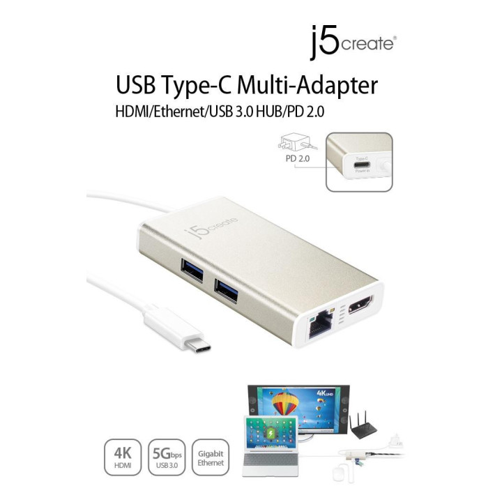 Хъб USB-C  j5Create JCA374 -HDMI/Ethernet/ USB 3.0 /PD 2.0, бял