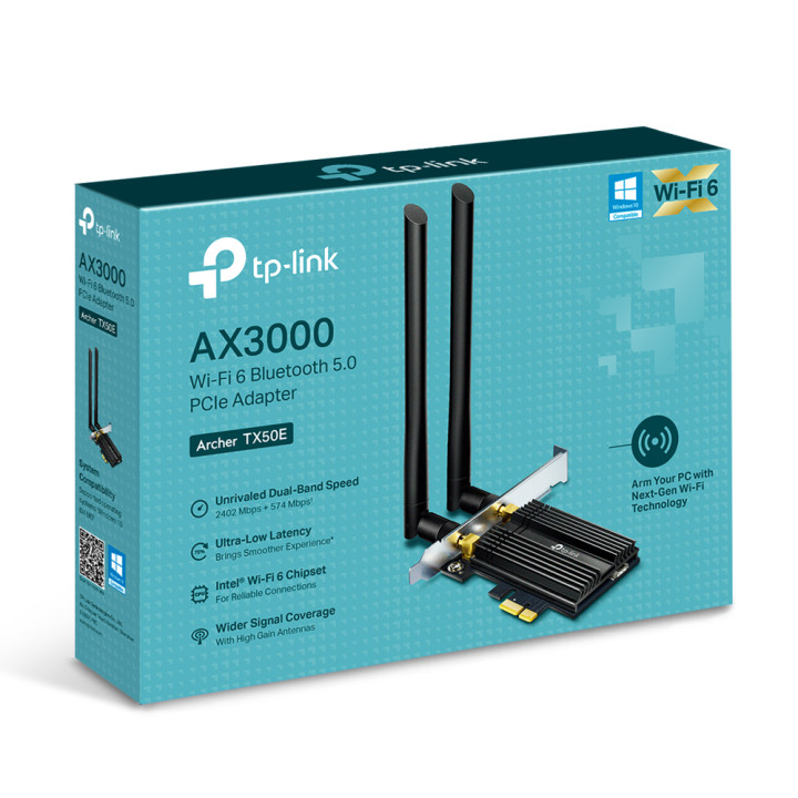 Двулентов адаптер TP-Link Archer TX50E AX3000, Bluetooth 5.0 WiFi6 PCIe