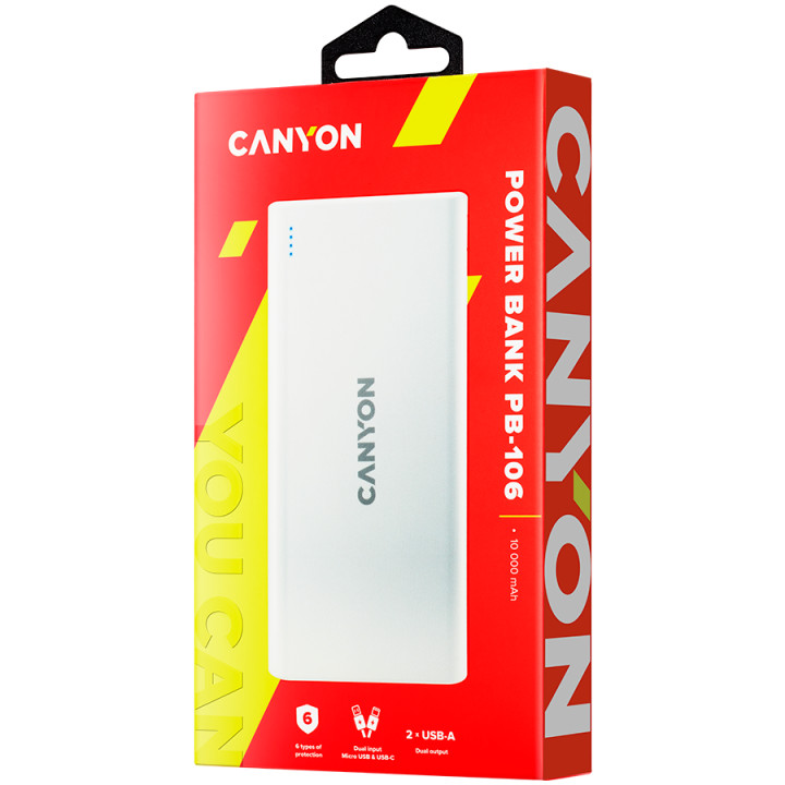 Външна батерия Canyon PB-106 10000mAh, бял - CNE-CPB1006W