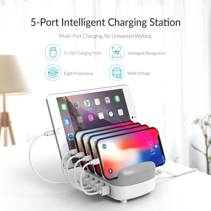 Зарядна станция за мобилни устройства Charger Station 220VOrico 5 x USB 40W White - DUK-5P-EU-WH