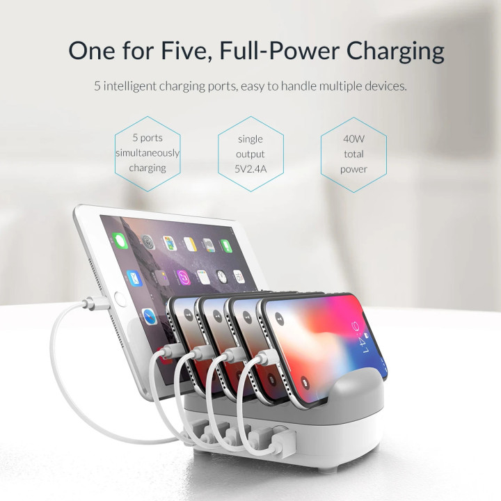 Зарядна станция за мобилни устройства Charger Station 220VOrico 5 x USB 40W White - DUK-5P-EU-WH