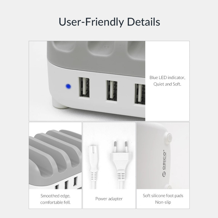 Зарядна станция за мобилни устройства Charger Station 220VOrico 5 x USB 40W White - DUK-5P-EU-WH