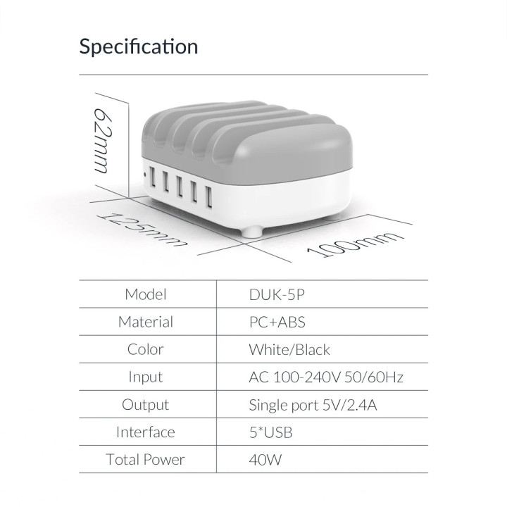 Зарядна станция за мобилни устройства Charger Station 220VOrico 5 x USB 40W White - DUK-5P-EU-WH
