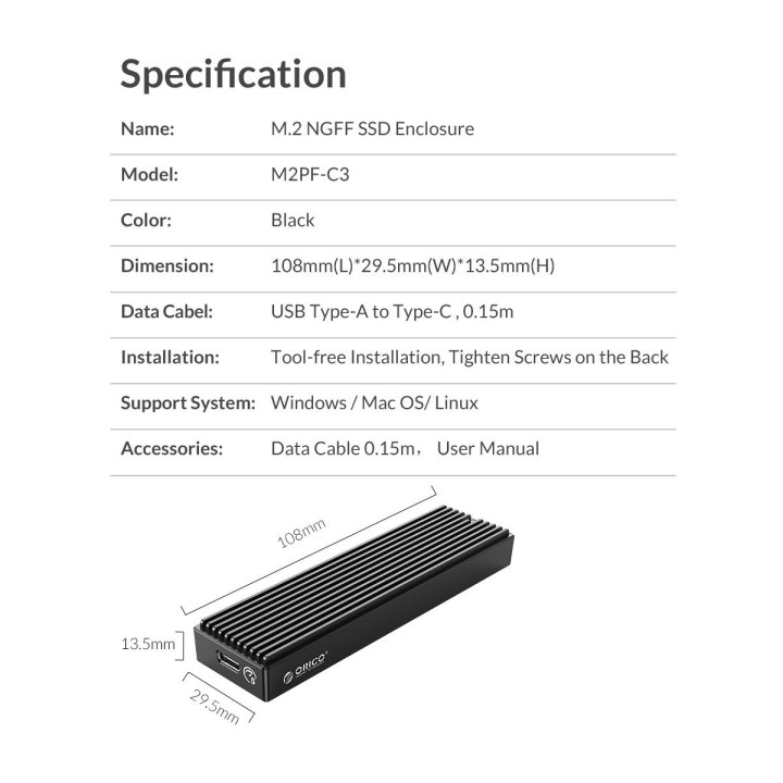 Кутия за диск Orico M.2 SATA B-key 5 Gbps - M2PF-C3-BK-BP