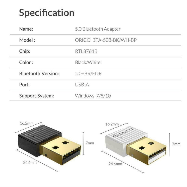 Bluetooth адаптер Orico Bluetooth 5.0 USB, black - BTA-508-BK