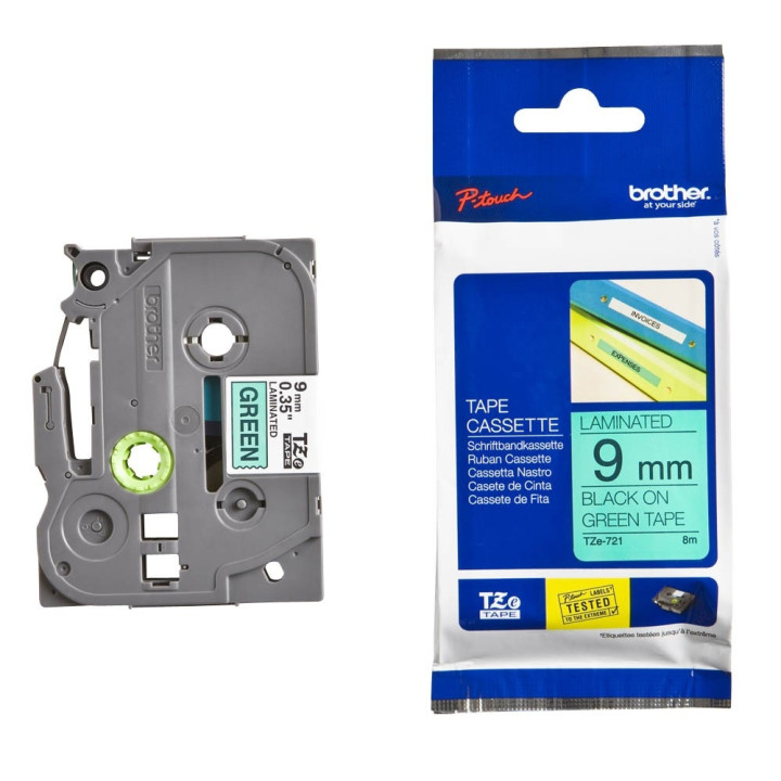 Brother TZe-721 Tape Black on Green, Laminated, 9mm, 8m - Eco