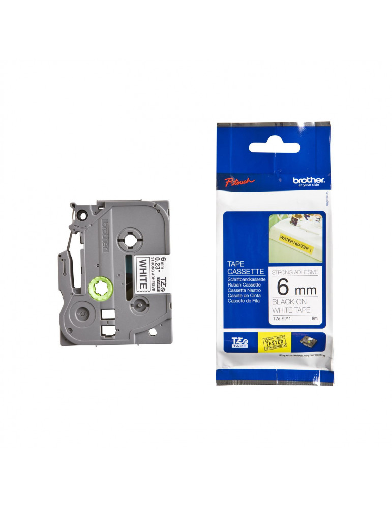 Tape BROTHER 6mm BLACK  ON WHITE ADHESIVE TAPE