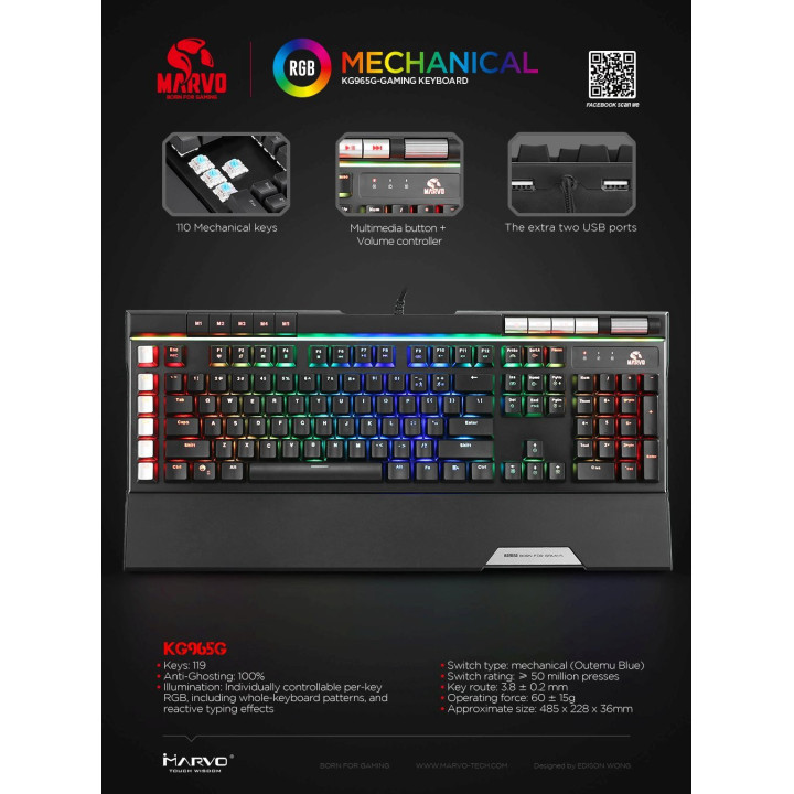 Механична геймърска клавиатура Marvo PRO KG965G RGB, Blue Outemu switches - MARVO-PRO-KG965G