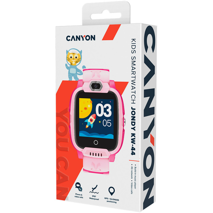 Смарт часовник Canyon Jondy KW-44, Kids smartwatch, 1.44'' IPS, Nano SIM card, 192+128MB, GSM(B3/B8), LTE, GPS, Pink - CNE-KW44PP