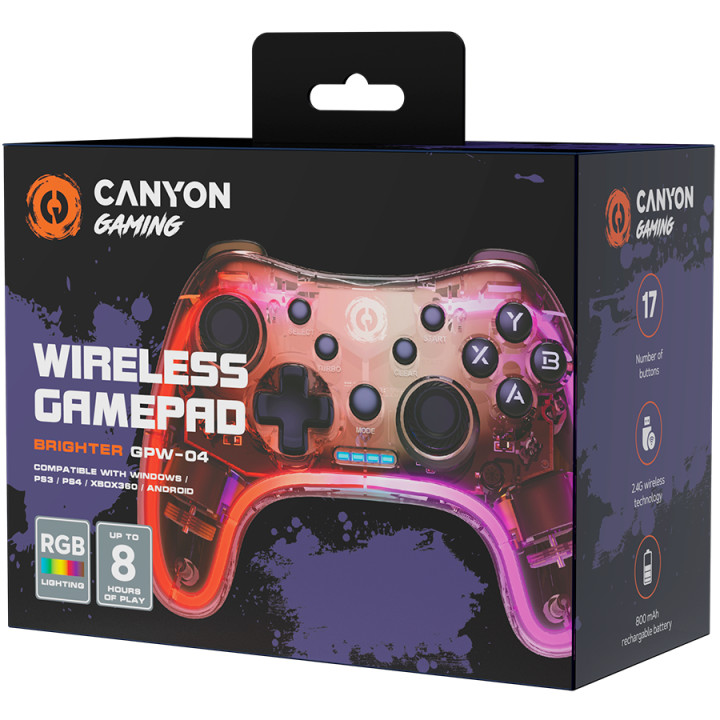 Безжичен геймпад Canyon Brighter GPW-04, 2.4G, 2M Type-C charging cable, за Android / PC / PS3 /PS4 /XBOX360/ Nitendo, RGB Lighting - CND-GPW04