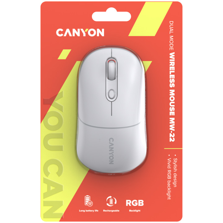 Bluetooth мишка Canyon MW-22, 2 in 1, 4 бутона, DPI 800/1200/1600, BT/ 2.4GHz, 650mAh Li-poly батерия, RGB backlight, Snow white - CNS-CMSW22SW