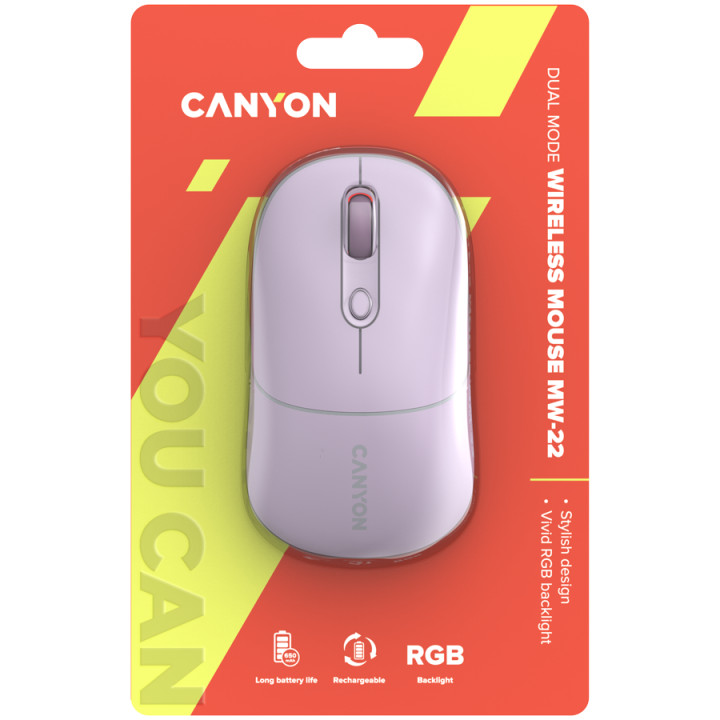 Bluetooth мишка Canyon MW-22, 2 in 1, 4 бутона, DPI 800/1200/1600, BT/ 2.4GHz, 650mAh Li-poly батерия, RGB backlight, Pearl rose - CNS-CMSW22PR
