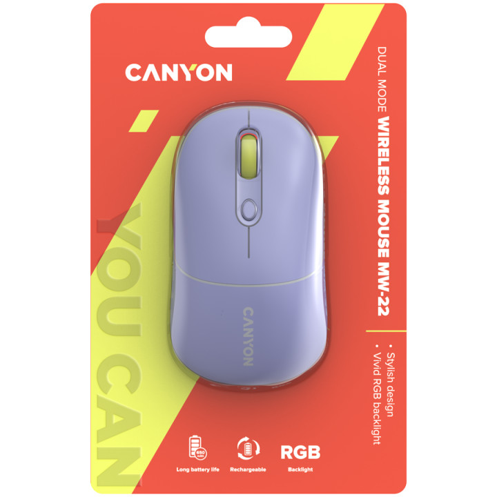 Bluetooth мишка Canyon MW-22, 2 in 1 , 4 бутона, DPI 800/1200/1600, BT/ 2.4GHz, 650mAh Li-poly батерия, RGB backlight, Mountain lavender - CNS-CMSW22ML