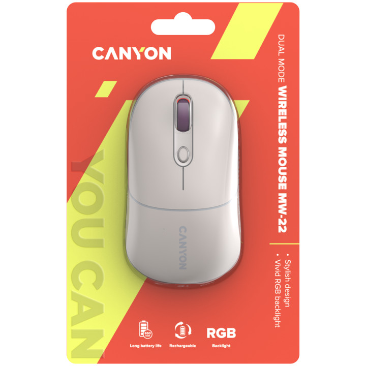 Bluetooth мишка Canyon MW-22, 2 in 1, 4 бутона, DPI 800/1200/1600, BT/ 2.4GHz, 650mAh Li-poly батерия, RGB backlight, Rice - CNS-CMSW22RC