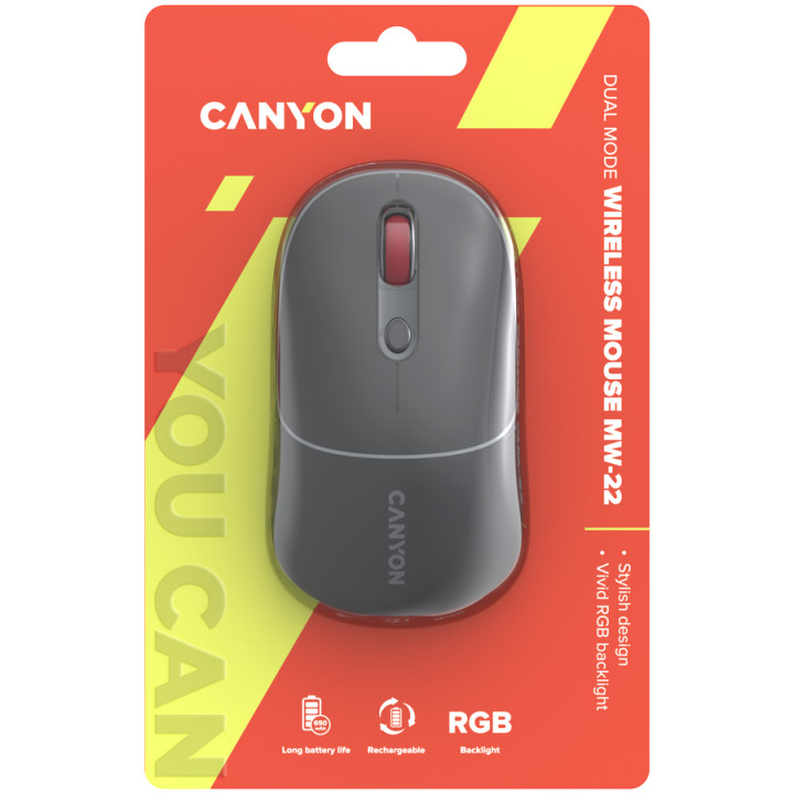 Bluetooth мишка Canyon MW-22, 2 in 1, 4 бутона, DPI 800/1200/1600, BT/ 2.4GHz, 650mAh Li-poly батерия, RGB backlight, Dark grey - CNS-CMSW22DG