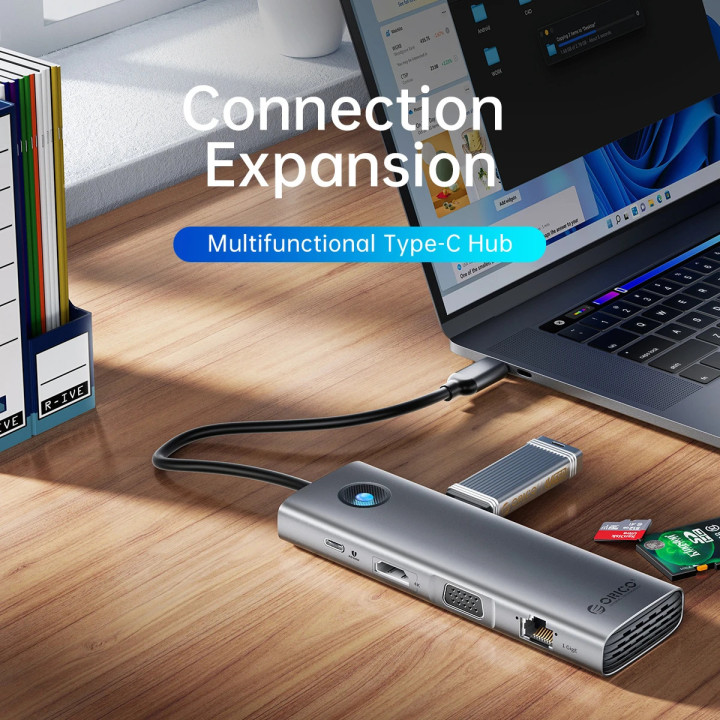 Докинг станция Orico Type-C Docking Station Power Distribution 100W - HDMI, Type-C x 1, USB3.0 x 3, LAN 1000Mbps Gigabit, SD/TF, VGA, Audio - PW11-10P-GY