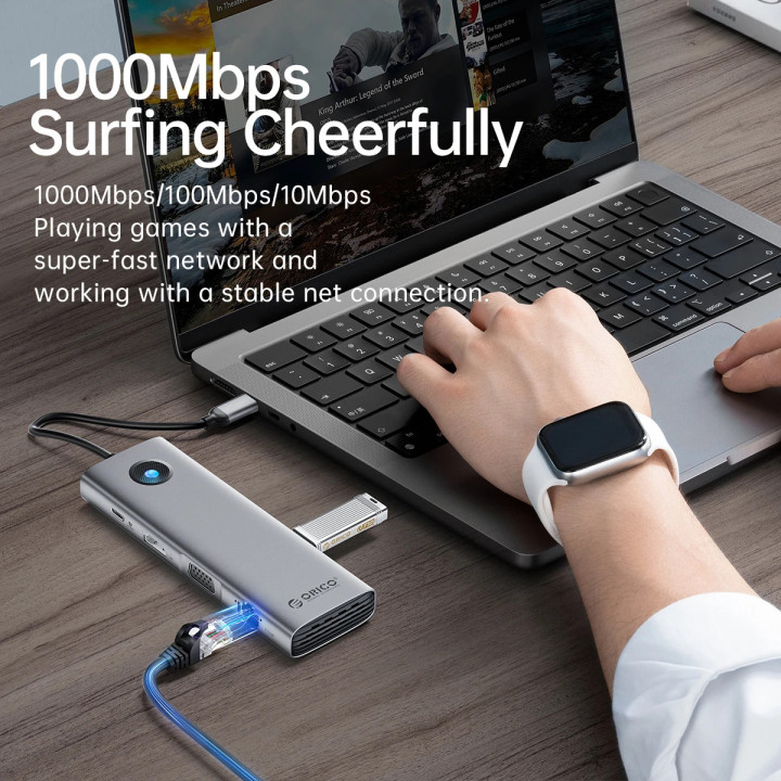 Докинг станция Orico Type-C Docking Station Power Distribution 100W - HDMI, Type-C x 1, USB3.0 x 3, LAN 1000Mbps Gigabit, SD/TF, VGA, Audio - PW11-10P-GY