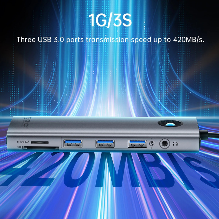 Докинг станция Orico Type-C Docking Station Power Distribution 100W - HDMI, Type-C x 1, USB3.0 x 2, USB 2.0 x 1, LAN 1000Mbps Gigabit, VGA - PW11-8PC-GY-EP
