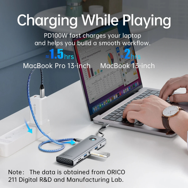 Докинг станция Orico Type-C Docking Station Power Distribution 100W - HDMI, Type-C x 1, USB3.0 x 2, USB 2.0 x 1, LAN 1000Mbps Gigabit, VGA - PW11-8PC-GY-EP