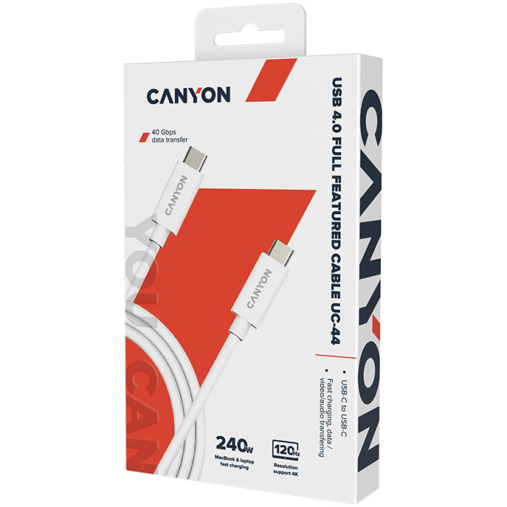 Кабел Canyon UC-44, U4-CC-5A1M-E, USB4 TYPE-C to TYPE-C cable assembly 40G 1m 5A 240W(ERP) with E-MARK, CE, ROHS, white - CNS-USBC44W