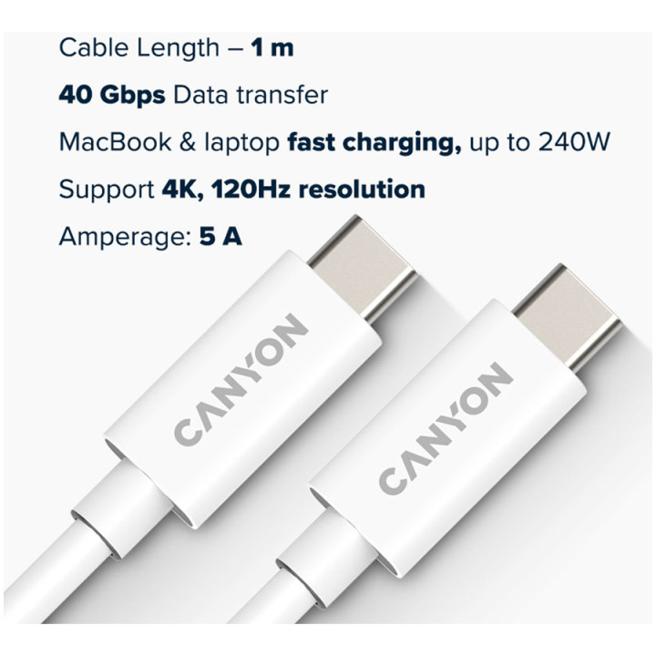 Кабел Canyon UC-44, U4-CC-5A1M-E, USB4 TYPE-C to TYPE-C cable assembly 40G 1m 5A 240W(ERP) with E-MARK, CE, ROHS, white - CNS-USBC44W