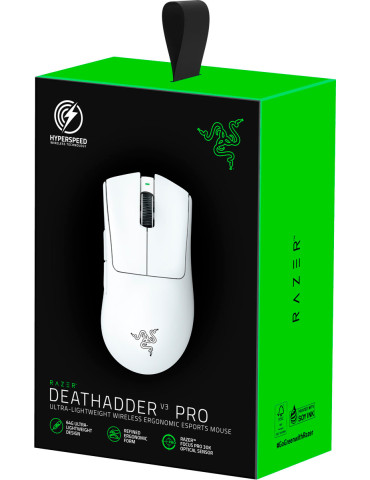 Безжична ергономична геймърска мишка Razer DeathAdder V3 Pro - White Edition, с кабел за презареждане USB Type C, 30000DPI - RZ01-04630200-R3G1