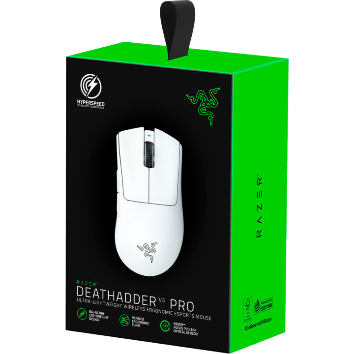 Безжична ергономична геймърска мишка Razer DeathAdder V3 Pro - White Edition, с кабел за презареждане USB Type C, 30000DPI - RZ01-04630200-R3G1
