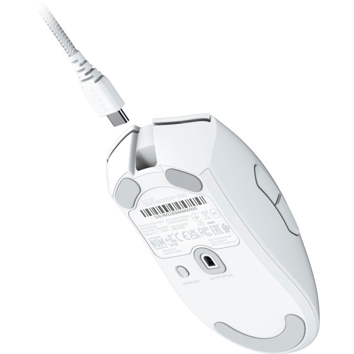 Безжична ергономична геймърска мишка Razer DeathAdder V3 Pro - White Edition, с кабел за презареждане USB Type C, 30000DPI - RZ01-04630200-R3G1
