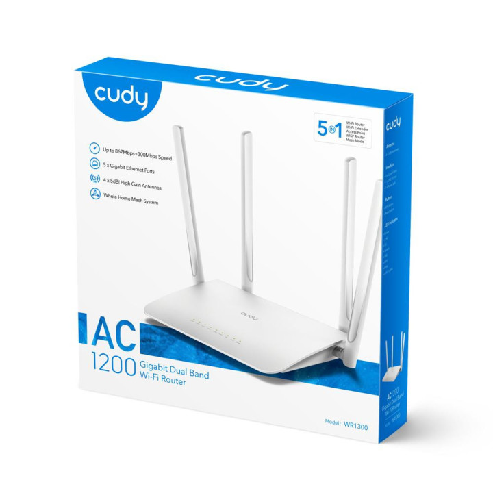 Безжичен рутер CUDY WR1300, Двубандов AC1200, 300 867 Mbps, DDR 128MB, Бял