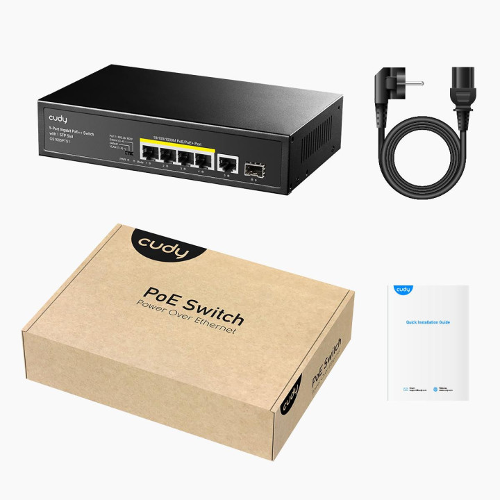 Суич Cudy GS1005PTS1, 5 портов, 10/100/1000, PoE  Switch 120W, 1 SFP Slot