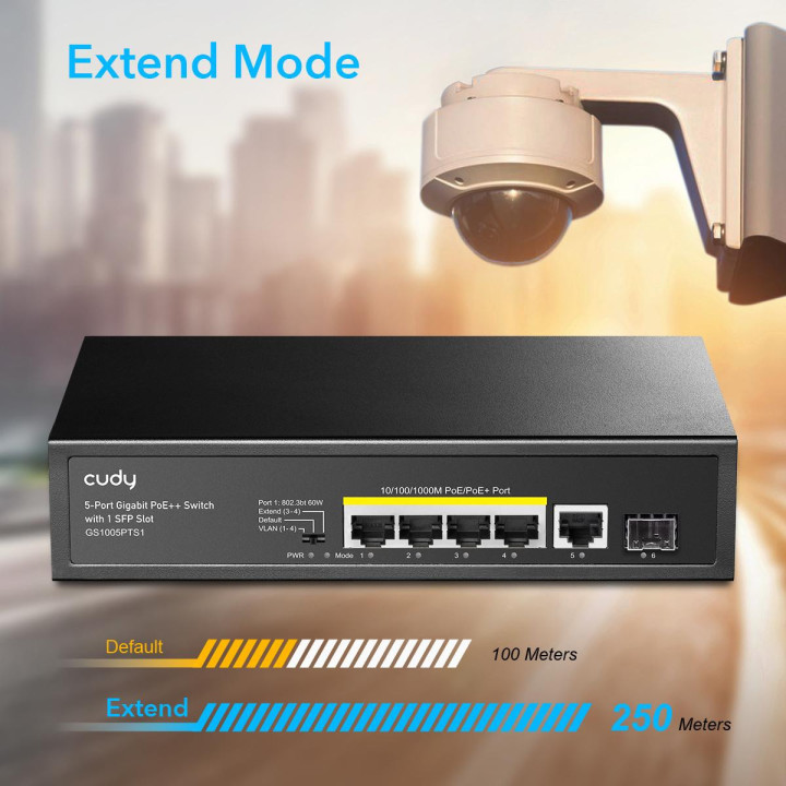 Суич Cudy GS1005PTS1, 5 портов, 10/100/1000, PoE  Switch 120W, 1 SFP Slot