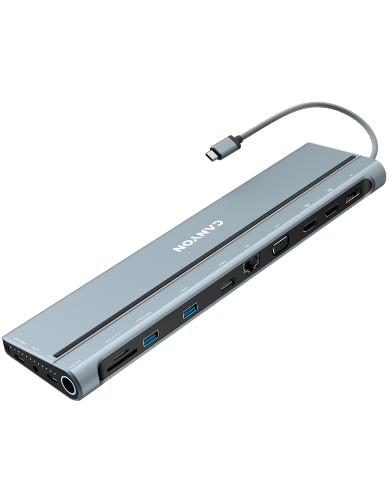 Докинг станция Canyon 14 in 1 hub, с 2xType C*, 3xUSBA, DP, VGA, SD card slot, TF card slot, Audio 3.5 audio, 2xHDMI, RJ45, сив- CNS-HDS90