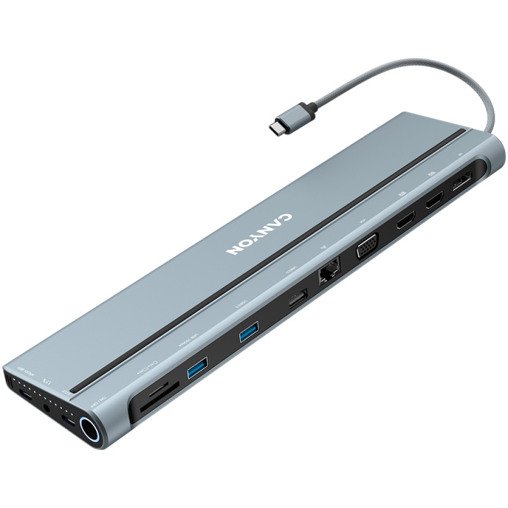 Докинг станция Canyon 14 in 1 hub, с 2xType C*, 3xUSBA, DP, VGA, SD card slot, TF card slot, Audio 3.5 audio, 2xHDMI, RJ45, сив- CNS-HDS90