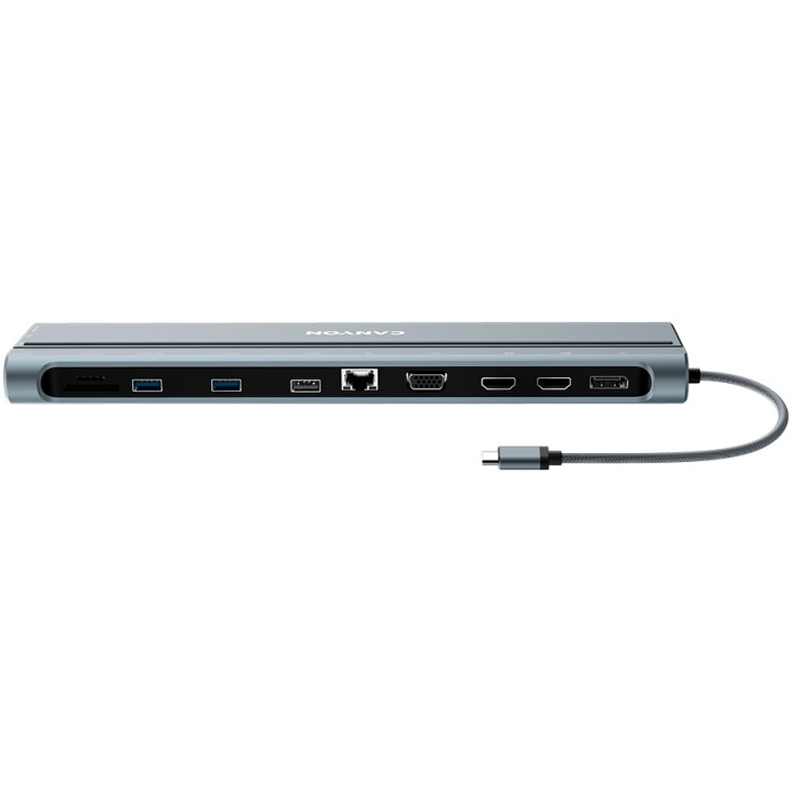 Докинг станция Canyon 14 in 1 hub, с 2xType C*, 3xUSBA, DP, VGA, SD card slot, TF card slot, Audio 3.5 audio, 2xHDMI, RJ45, сив- CNS-HDS90