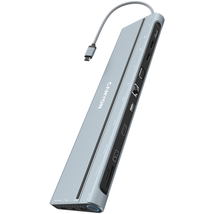Докинг станция Canyon 14 in 1 hub, с 2xType C*, 3xUSBA, DP, VGA, SD card slot, TF card slot, Audio 3.5 audio, 2xHDMI, RJ45, сив- CNS-HDS90