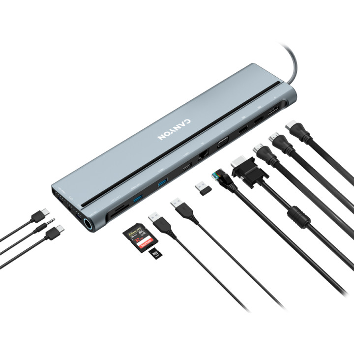 Докинг станция Canyon 14 in 1 hub, с 2xType C*, 3xUSBA, DP, VGA, SD card slot, TF card slot, Audio 3.5 audio, 2xHDMI, RJ45, сив- CNS-HDS90