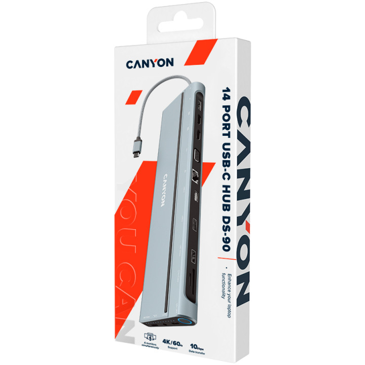Докинг станция Canyon 14 in 1 hub, с 2xType C*, 3xUSBA, DP, VGA, SD card slot, TF card slot, Audio 3.5 audio, 2xHDMI, RJ45, сив- CNS-HDS90
