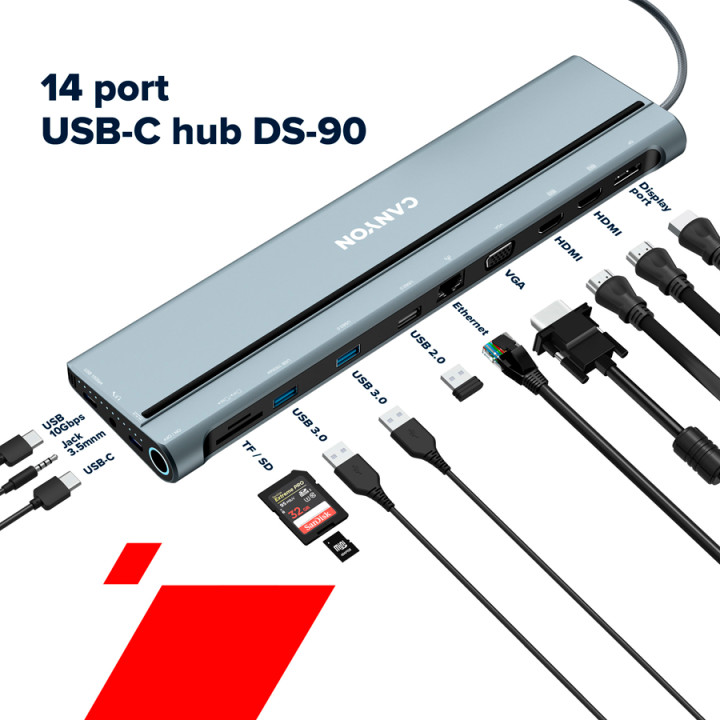 Докинг станция Canyon 14 in 1 hub, с 2xType C*, 3xUSBA, DP, VGA, SD card slot, TF card slot, Audio 3.5 audio, 2xHDMI, RJ45, сив- CNS-HDS90