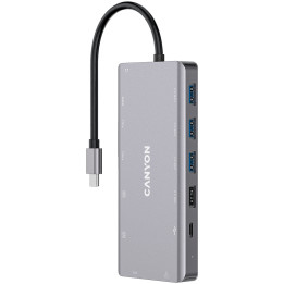 Докинг станция Canyon 13 in 1 USB C hub, с 2xHDMI, 3xUSB3.0, USB2.0, support max 100W PD, VGA, Type C, Glgabit Ethernet, 3.5mm audio jack, сив - CNS-TDS12