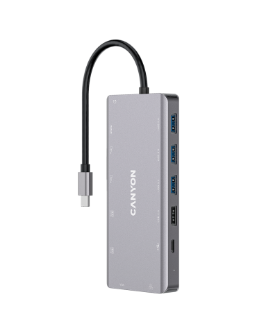 Докинг станция Canyon 13 in 1 USB C hub, с 2xHDMI, 3xUSB3.0, USB2.0, support max 100W PD, VGA, Type C, Glgabit Ethernet, 3.5mm audio jack, сив - CNS-TDS12