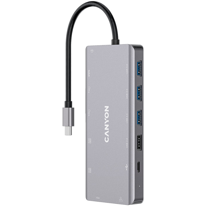 Докинг станция Canyon 13 in 1 USB C hub, с 2xHDMI, 3xUSB3.0, USB2.0, support max 100W PD, VGA, Type C, Glgabit Ethernet, 3.5mm audio jack, сив - CNS-TDS12