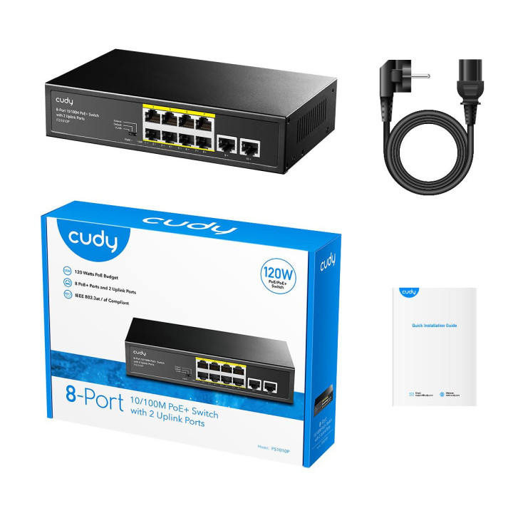 Суич Cudy FS1010P, 8 портов, 10/100, PoE  Switch 150W, 2 x Uplink порта