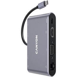 Докинг станция Canyon 8 in 1 USB C hub, HDMI: 4Kx30Hz, VGA, Type-C, 3бр. USB3.0,Glgabit LAN, 3.5mm audio jack, кабел 15cm, тъмно сив - CNS-TDS14