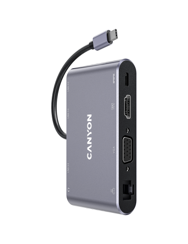 Докинг станция Canyon 8 in 1 USB C hub, HDMI: 4Kx30Hz, VGA, Type-C, 3бр. USB3.0,Glgabit LAN, 3.5mm audio jack, кабел 15cm, тъмно сив - CNS-TDS14